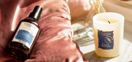 Pillow mist and relaxing candle in home